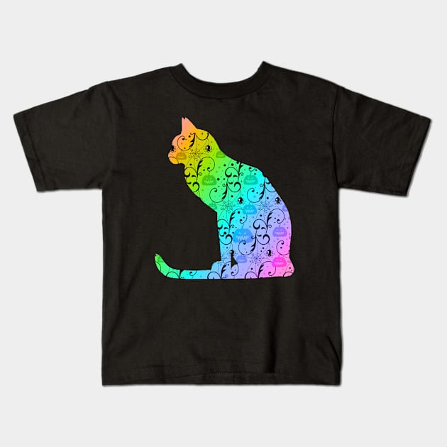 Colorful Halloween Cat With Pumpkin Kids T-Shirt by anbartshirts